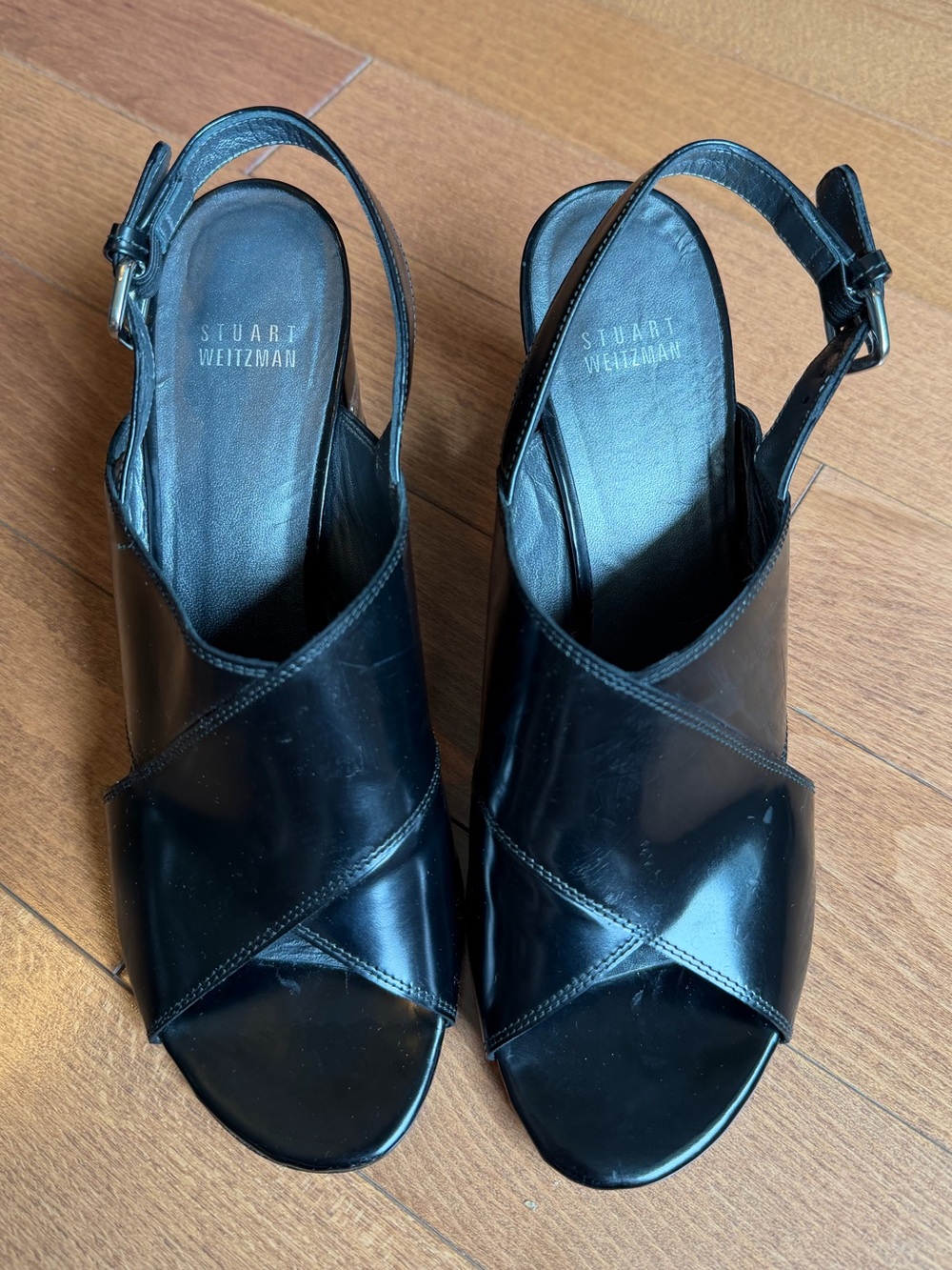 Stuart Weitzman Black Patent Crisscross Open-Toe Sandals